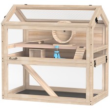 29.9in 3-Tier Wooden Hamster Cage Exercise Wheel Seesaw Transparent Panels Ramp