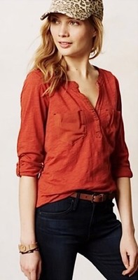Anthropologie Postmark Selby Henley Boho Orange Cotton Blouse Top Pockets Lace S
