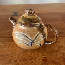 Studio Pottery Teapot Signed Jan Stoneware Brown Glaze Carved Leaf Square Spout