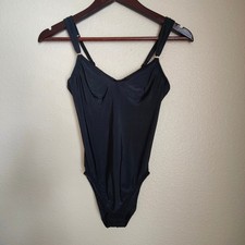 Vintage Olga Black Satin Underwire Bodysuit 34C High Cut Retro Teddy Lingerie