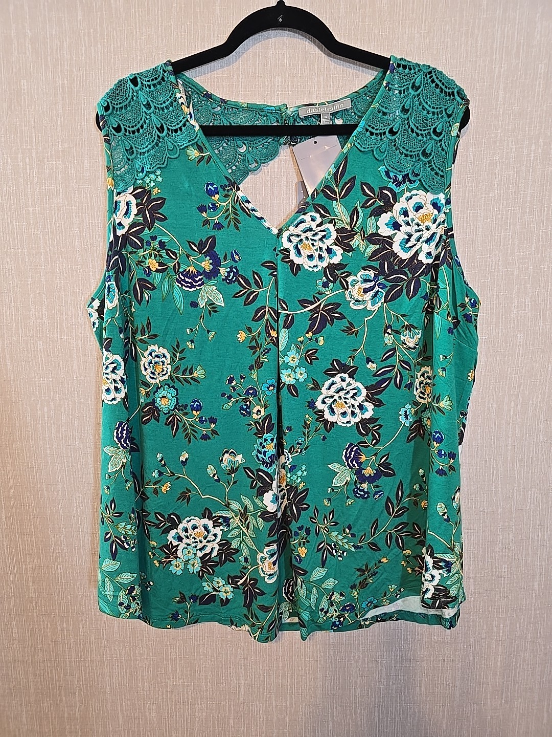 Daniel Rainn Womens Floral Tank Top Green Crochet Trim Sleeveless Tunic 3X New