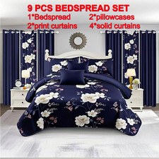 9 pieces bedspread bedding set with matching curtains Queen/King/Cal King Size
