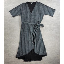 Spence Wrap Dress Womens Large Black Knit Silver Metallic Striped Cocktail Flowy