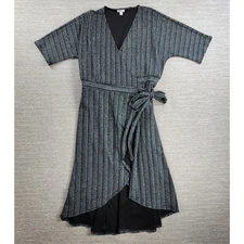Spence Wrap Dress Womens Large Black Knit Silver Metallic Striped Cocktail Flowy