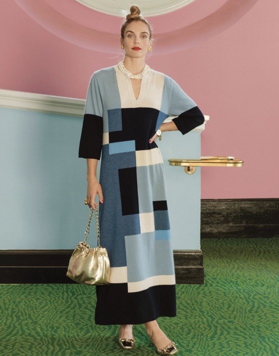 Frances Valentine Angora Wool Maxi Dress L Blue Colorblock Knit NWOT Retail $598