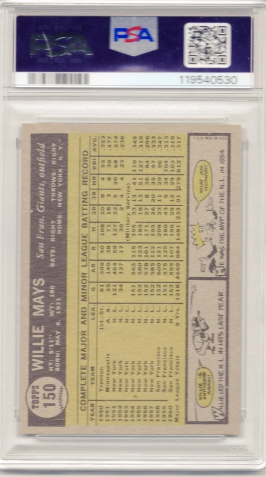 Willie Mays - 1961 Topps Baseball #150 - Calificado PSA 4 EN MUY BUENA CONDICIÓN-EX Foto 2 de 4
