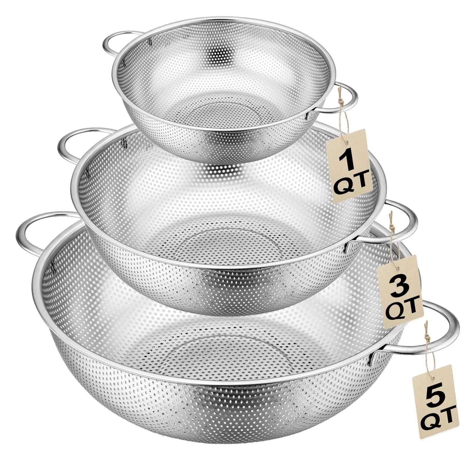 3-Piece Stainless Steel Colander Set with Handles - 5Qt/3Qt/1Qt Nesting Strai...