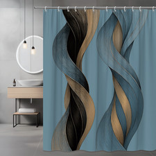 Elegant Blue and Black Shower Curtain with Modern Wavy Design