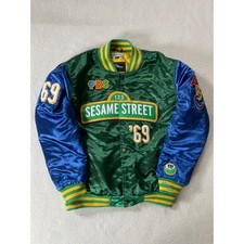 Headgear Classics Mens XL Varsity Jacket Green Sesame Street PBS Satin Bomber