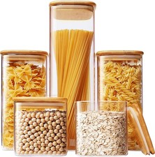 Square Glass Jars W/ Bamboo Lids Muti Size Set of 5 Glass Canisters W/