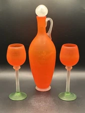 Vintage 1960’s Murano Style Frosted Satin Glass Decanter with two Glasses