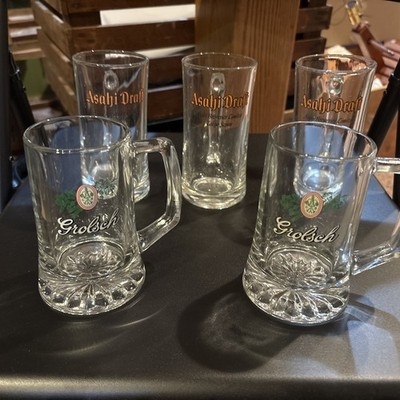 Vintage Heavy Glass Beer Mug 5 PCs Lot Grolsch/ Asahi Draft Man Cave Bar