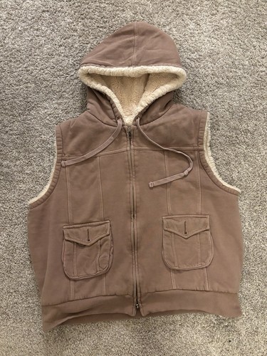 Vintage Y2K Gap Faux Fur Lined Hoodie Vest Cream Tan Womens Medium