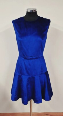 Ted Baker blau Samt Fit & Flare Kleid UK 8 Größe 1 LESEN Schleife fallende Taille 