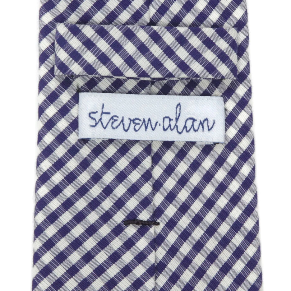STEVEN ALAN Dark Blue Gingham Plaid Men's Skinny Cotton Neck Tie - Image 4 of 4