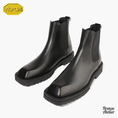 Firenze Atelier Men's Matte Black Leather Square Toe Chelsea Boots Vibram Sole