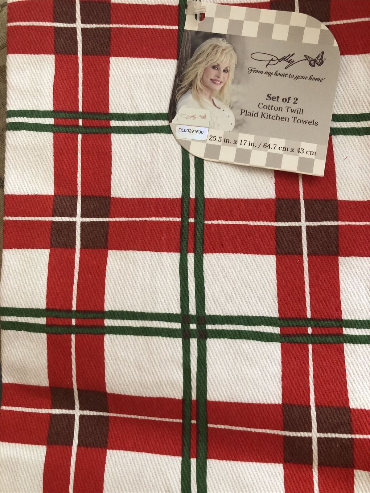 Dolly Parton Set of 2 Cotton Twill Plaid Kitchen Towels NWT