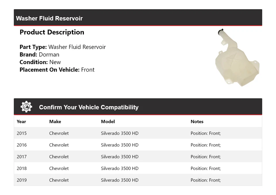 Резервуар жидкости передний для стиральной машины Chevrolet Silverado 3500 HD Dorman 2015-2019 годов выпуска - Изображение 2 из 4