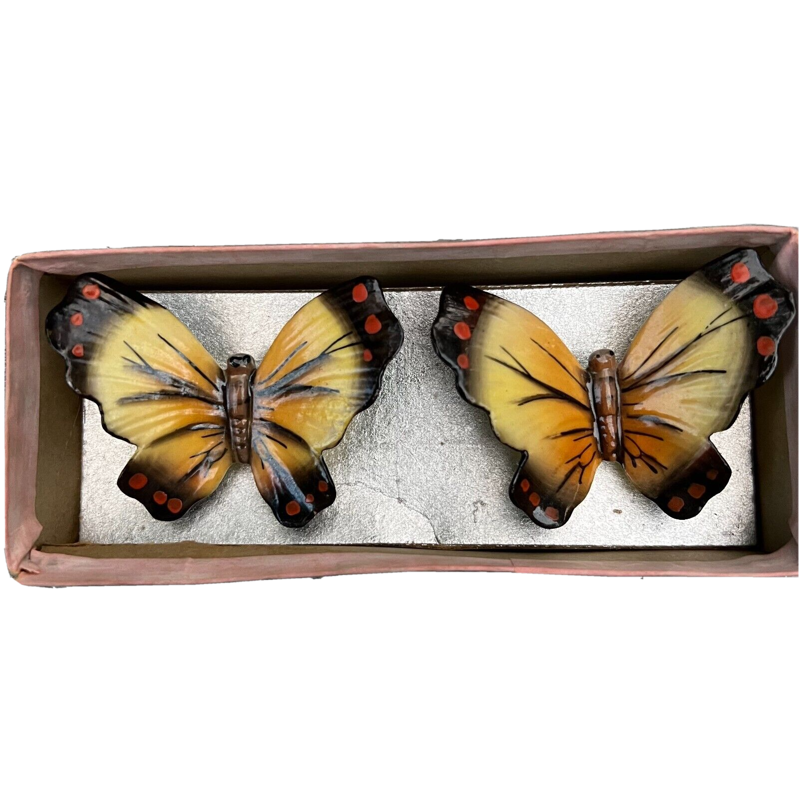 VTG Japanese painted Ceramic Butterfly Figurines Rings JPIA 1002/4137 Set  of 2