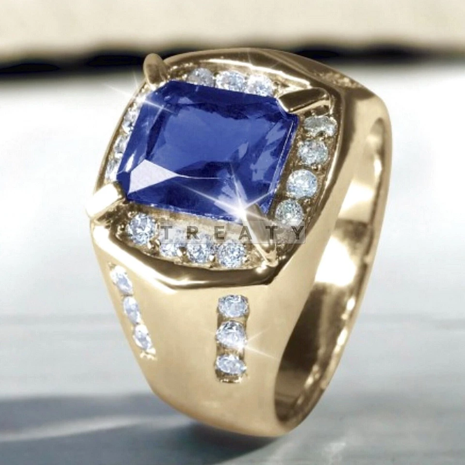 Zafiro azul corte esmeralda con anillo chapado en oro de plata de ley 925 para hombre #14 Foto 2 de 4