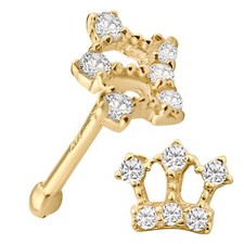 14k Solid Yellow Gold Crown Design 5 Cubic Zirconia Stones Ball End Nose Bone