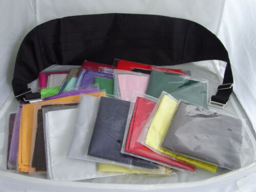 Mens BLACK Only Polyester Cummerbund - up to 48” Waist +1 Hankie in any Colour - Picture 1 of 40