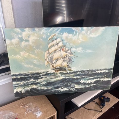 Large Vintage Oil Painting Sailing Ship in Rough Seas Signed Nautical