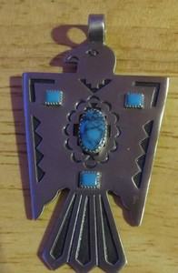 Bell Nickel Silver Native American Thunderbird Turquoise Pendant Vtg 13.7 Grams