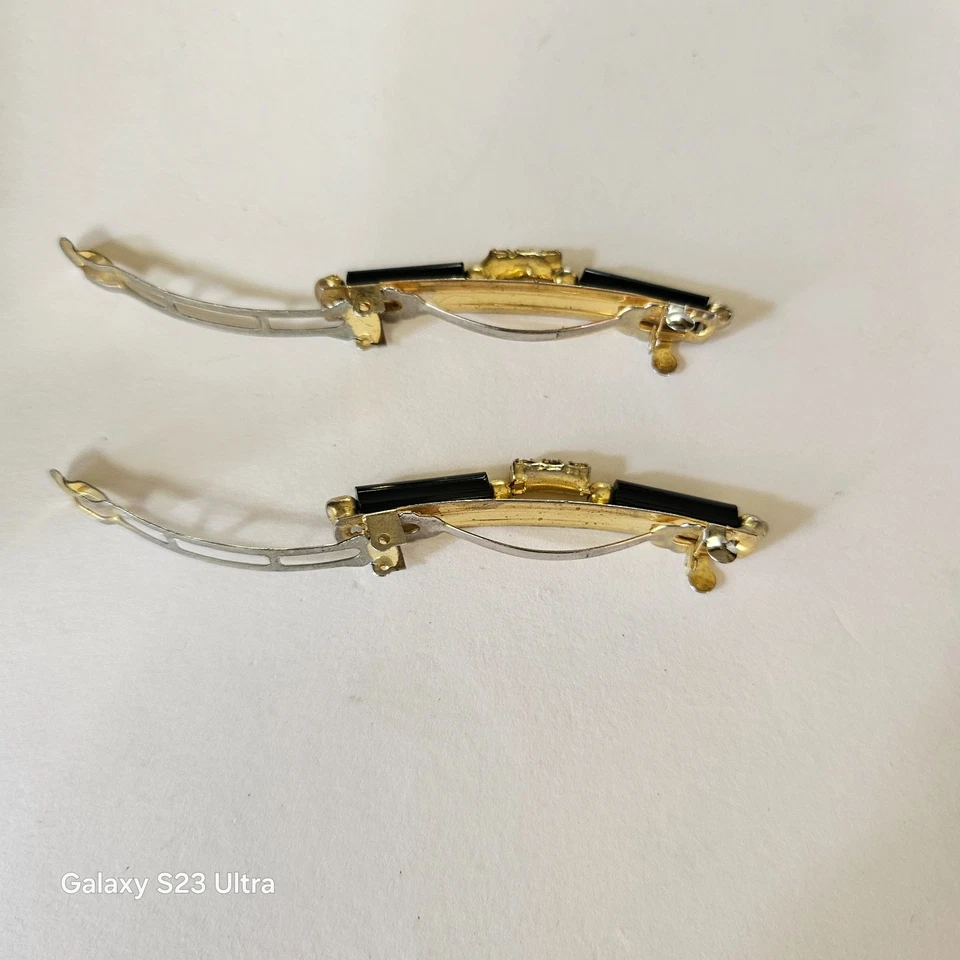 Rare Pair Matching Vintage Hair Barrettes Elegant Black & Gold w/ Rhinestones - Image 3 of 4