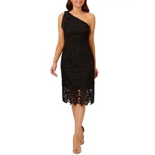 Adrianna Papell Women's Cocktail Dress Size 14 Black Lace One Shoulder Sheath