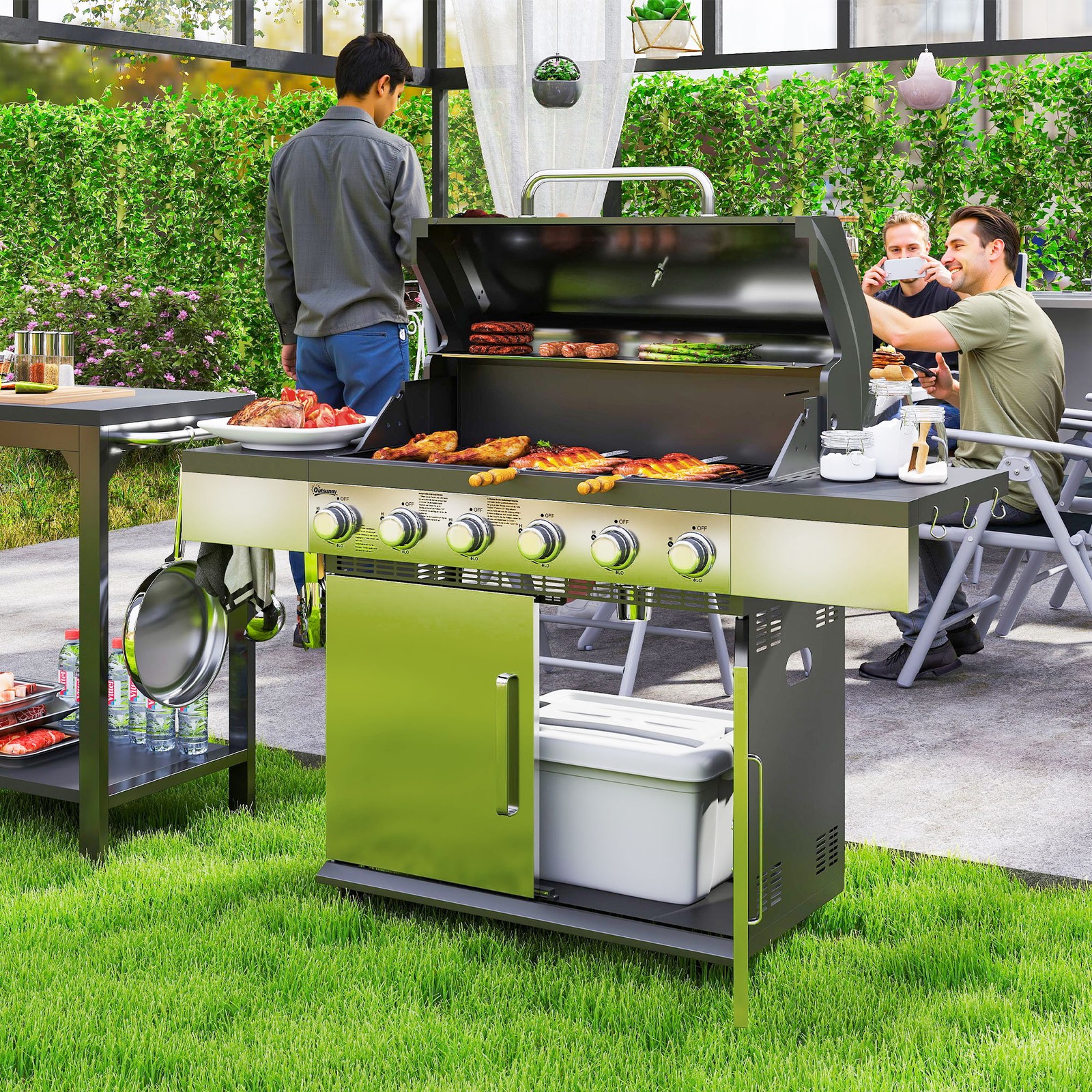 Gasgrill 8500BTU Grillwagen inkl 6 Edelstahl-Brenner Rolle Thermometer Silber