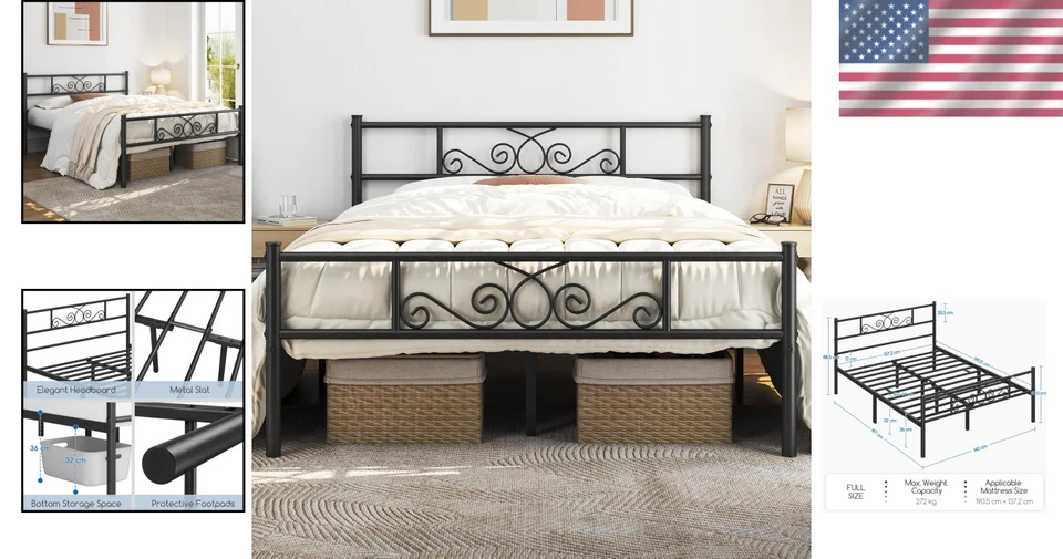 Marco de cama completo de fácil montaje con diseño resistente a chirridos - elegancia de metal negro Foto 2 de 4