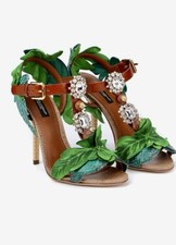 $1895 DOLCE GABBANA KEIRA DRESS GREEN FOREST BEJEWELED SNAIL SKIN SANDALS HEEL 7