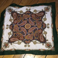 Green Paisley Silk-Style Pocket Square with Orange and Navy Accents