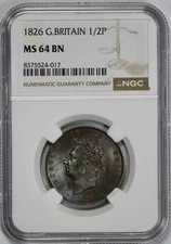 1826 Great Britain 1/2P Half Penny NGC MS 64 BN