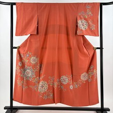 Japanese Silk Kimono S 152cm Vermilion Floral pattern Grass and flowers Lined 01