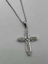 Vintage FAS Sterling Silver Cross Pendant Necklace CZ Religious  16” YELLOW ARM