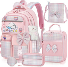Girls Backpack with Lunch Box Set, 5Pc Pink Cute Kawaii Bookbag for Teens, Aesth