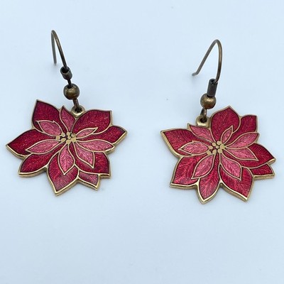 Vintage 90s Fish & Crown Maker's Mark Poinsettia Gold Tone Dangle Earrings