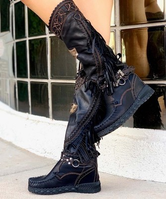 EL VAQUERO Judith Wild Void Black Wedge Moccasin Leather Boots 37/US 7-7.5