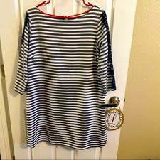 Eliza J Striped Navy & White Zipper Back Shift Dress w/ Lace Detail Size 14