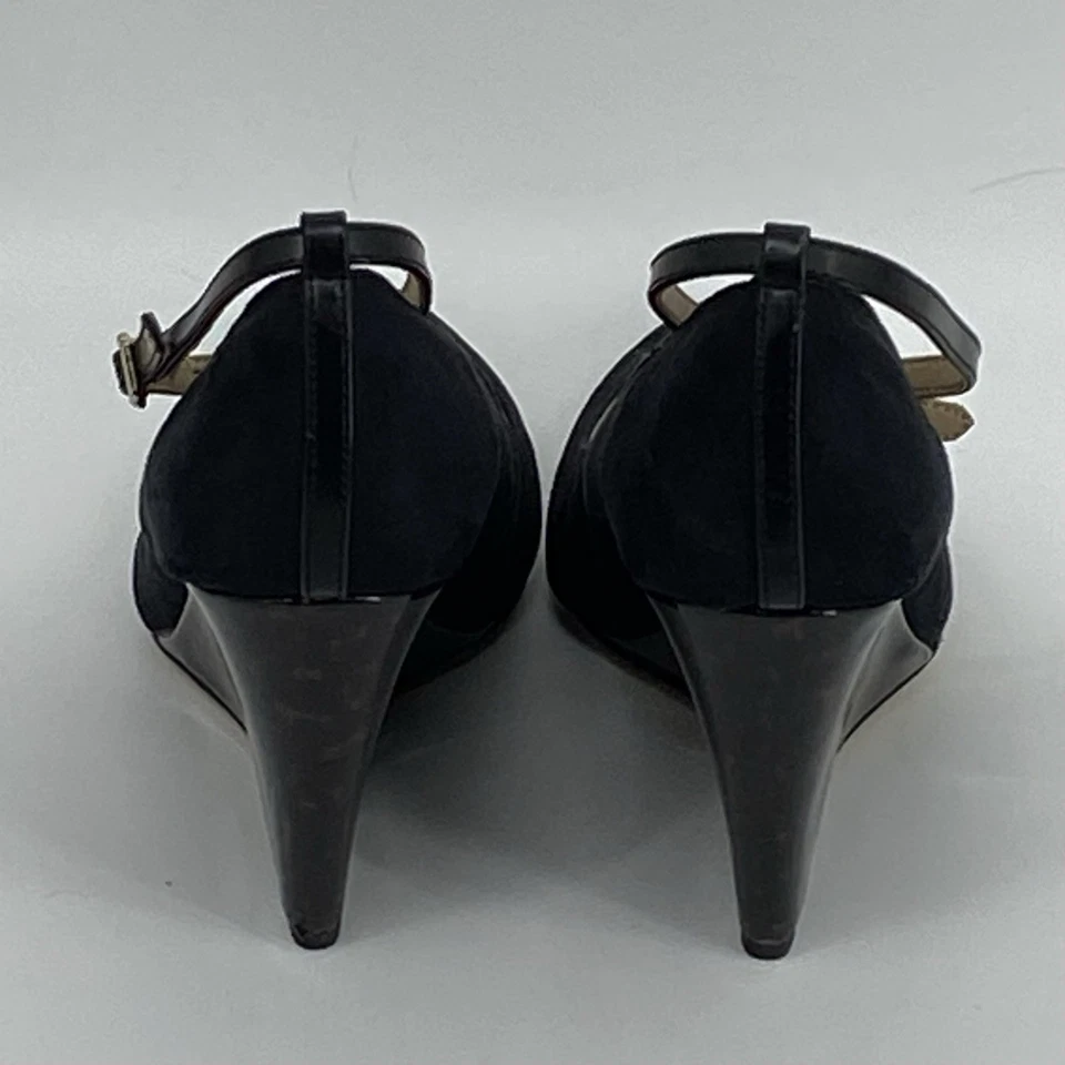Zapatos de tacón ANN TAYLOR para mujer talla 8 con tiras hebilla al tobillo cuña gamuza negra Foto 2 de 4