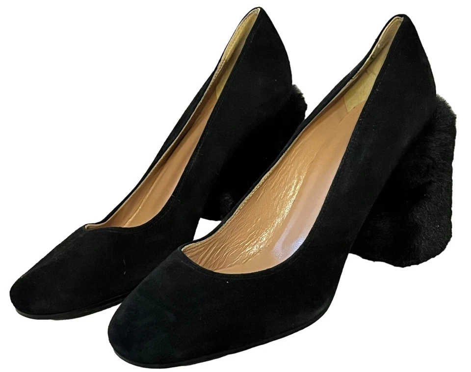 Pollini 人造毛皮覆盖方跟高跟鞋 •女式 39/8.5• 黑色麂皮绒鞋 意大利 — 第 2/4 张图片