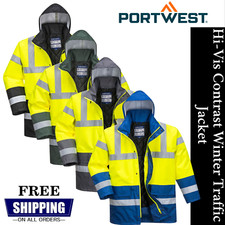 Image of Portwest Hi-Vis Contrast Winter Traffic Jacket Waterproof Hood Lined Safety Work