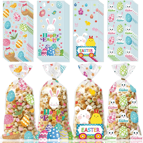 Easter Cellophane Candy Bags, 100 Pieces Easter Treat Bags with Gold Twist Ties,