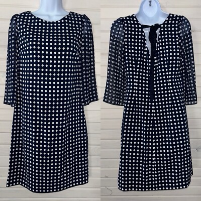 Karl Lagerfeld Paris Sz 4 Dress Navy Blue White Polka Dot Tie Back Ribbon EUC