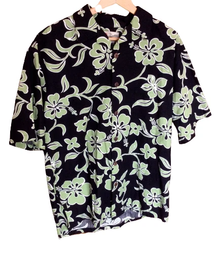 Hilo Hattie Hawaiian Shirt Mens Size Medium Cotton Black Green Floral Button New