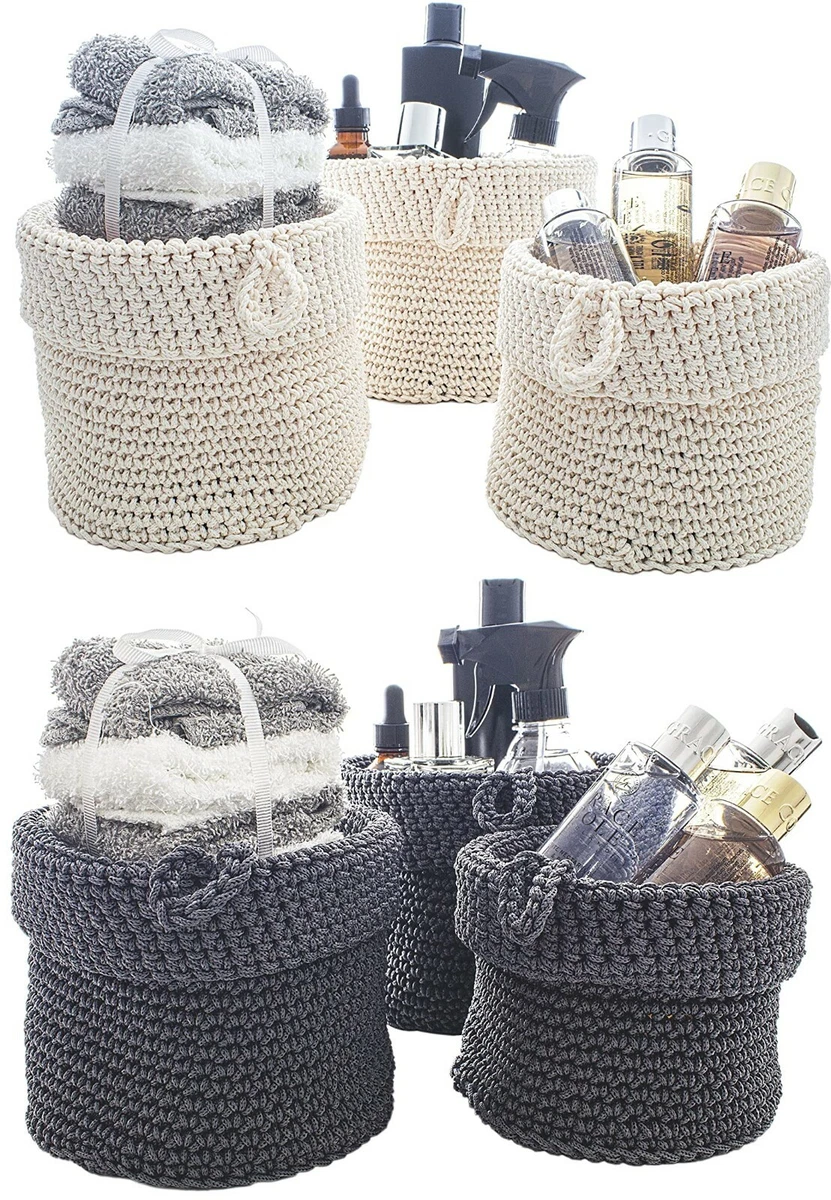Knitted Storage Basket Set of 3 Crochet Fabric Organisers Home Shelves Bathroom