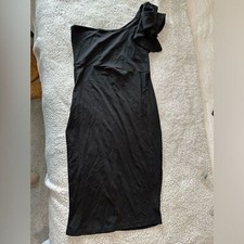 Mokuro Women's L One Shoulder Bodycon Cocktail Party Dress Black Ruffle Top New