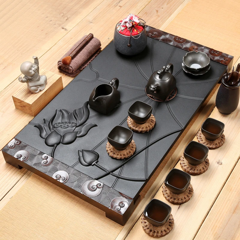 Top Grade Tea Set Stone Tea Tray Firewood Porcelain Tea Pot Cups Tea Ceremony - Image 2 of 4